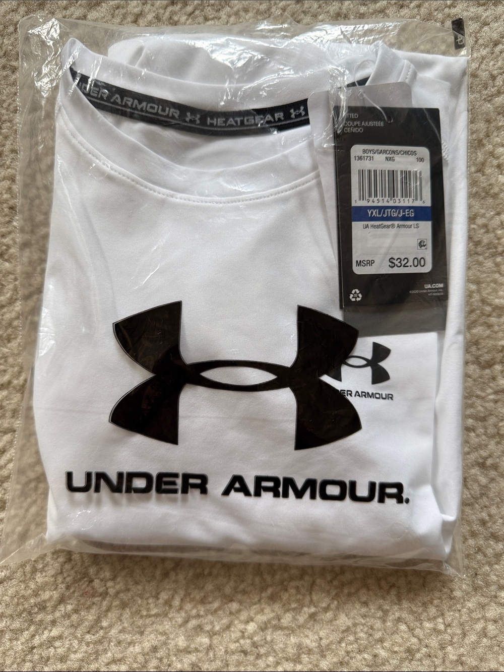 Boy’s Under Armour White Tee with Black Logo HeatGear